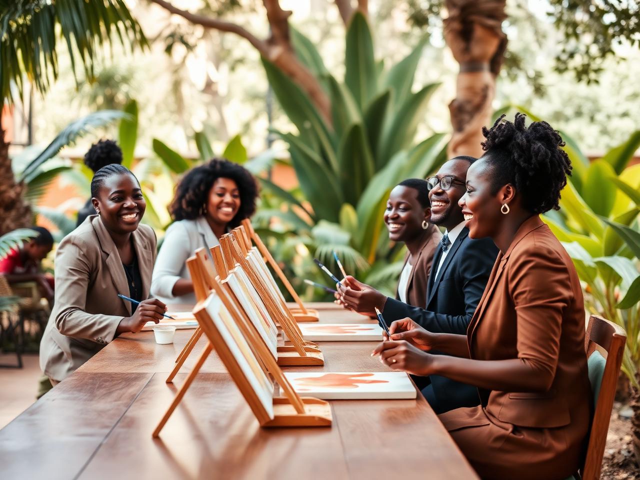 An Abuja corporate team painting together at a long wooden table set in a garden